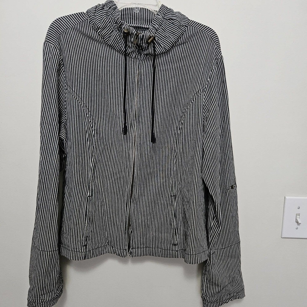 AMI Jacket Women Blue White RR Striped Full Zip Drawstring Roll Tab Sleeve Sz L